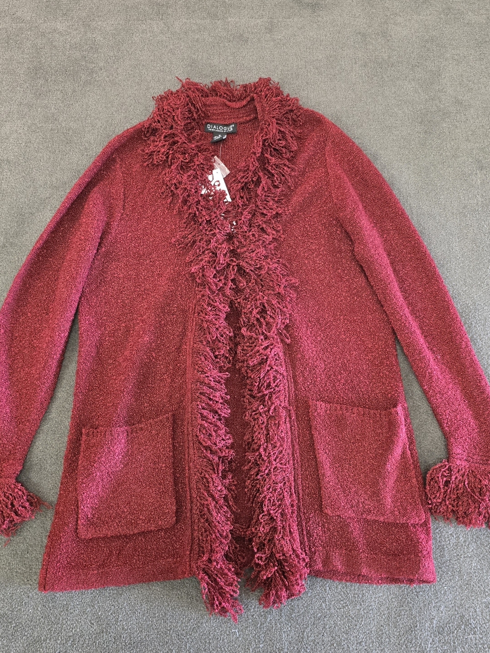 Dialogue Women's Red Boucle Fringe Flyaway Knit Open Cardigan Sweater M